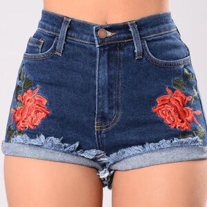 rose embroidered denim shorts
